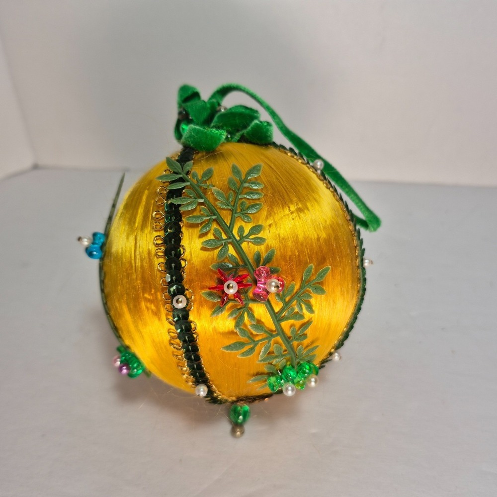 Vintage Large Pushpin Sequin Beaded Satin Ball Ornament Gold Green Foliage